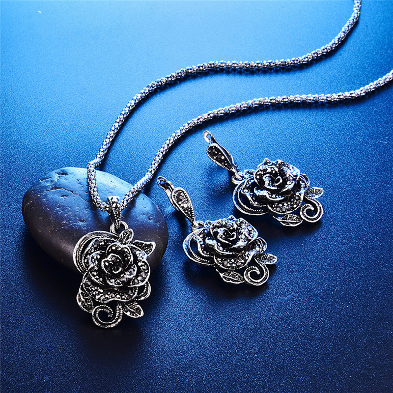 3Pcs Vintage Silver Color Black Crystal Rose Flower Jewelry Sets For Women Wedding Party