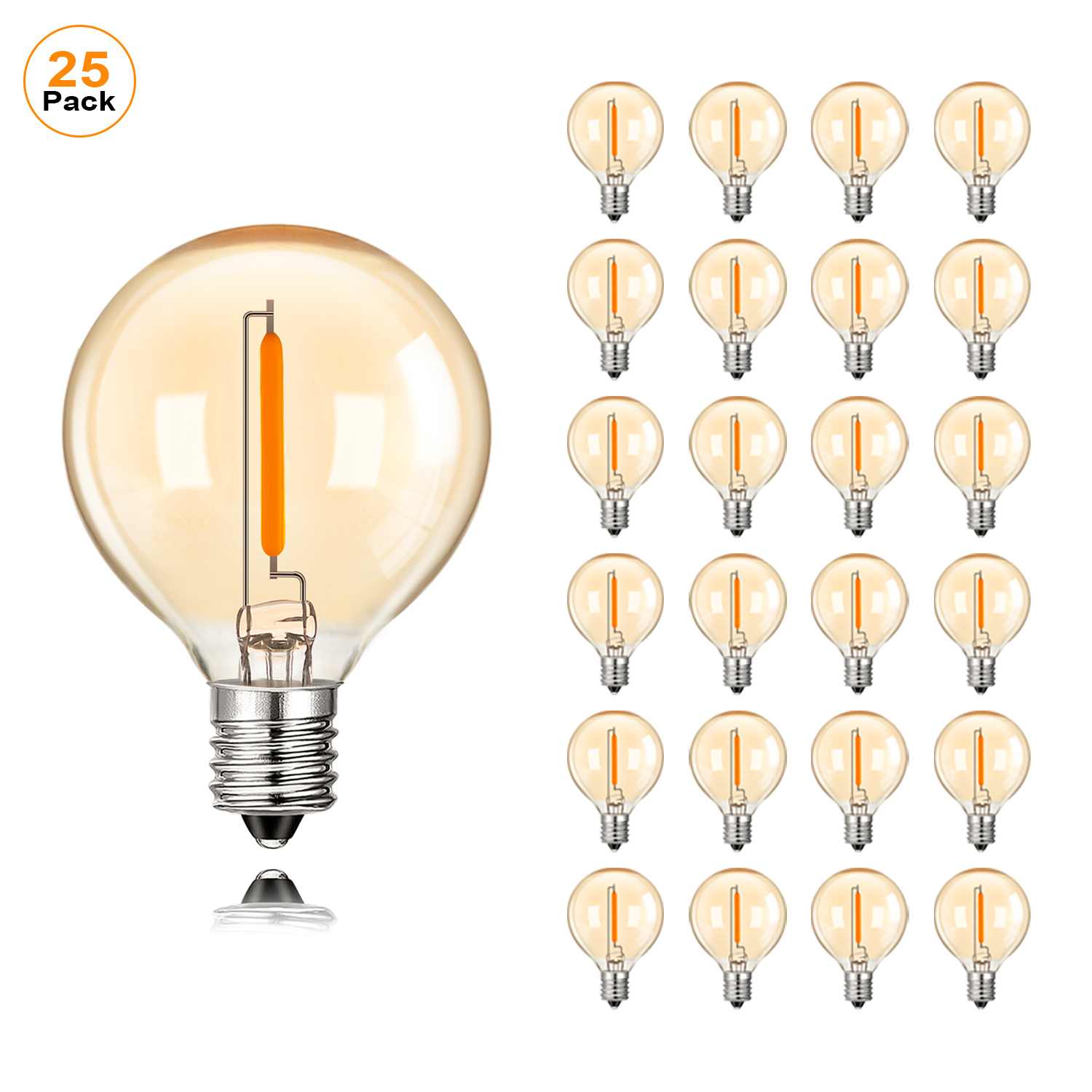 50Pcs G40 String Light Replacement Light Bulbs Gold Tint Glass E12 220V Base 1W Dimmable Outdoor Decor Globe LED Filament Bulb: WHITE / green