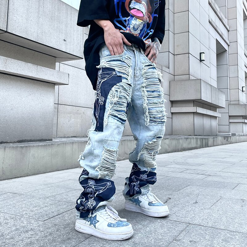 High Street Hole Fringe Embroidery Jeans Pants Mens Color Block Tassel Ripped Retri Denim Trousers Oversize Baggy Jean Pants