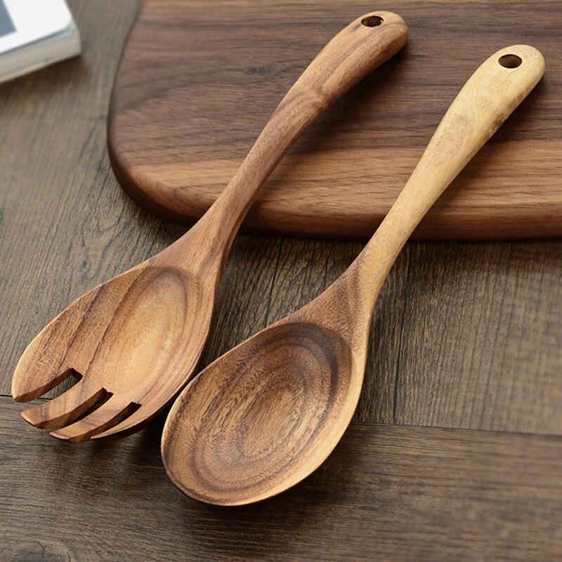 Natuurlijke Houten Lepel Vork Grote Soep Lepel Salade Opscheplepel Vork Set Lange Steel Lepel Houten Servies Keuken Houten Gebruiksvoorwerpen