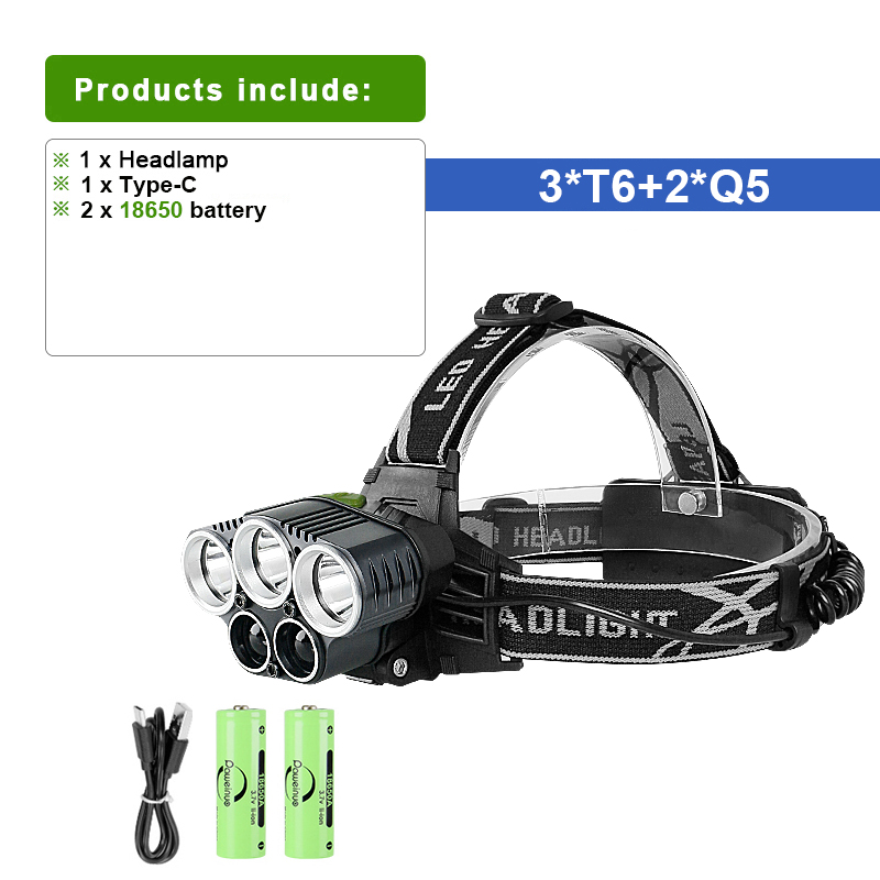 5 Lights Headlights LED Rechargeable Headlamp Ultra Power Head Flahslight Outdoor Waterproof Head Lamp 18650 Battery Head Lights: changeable