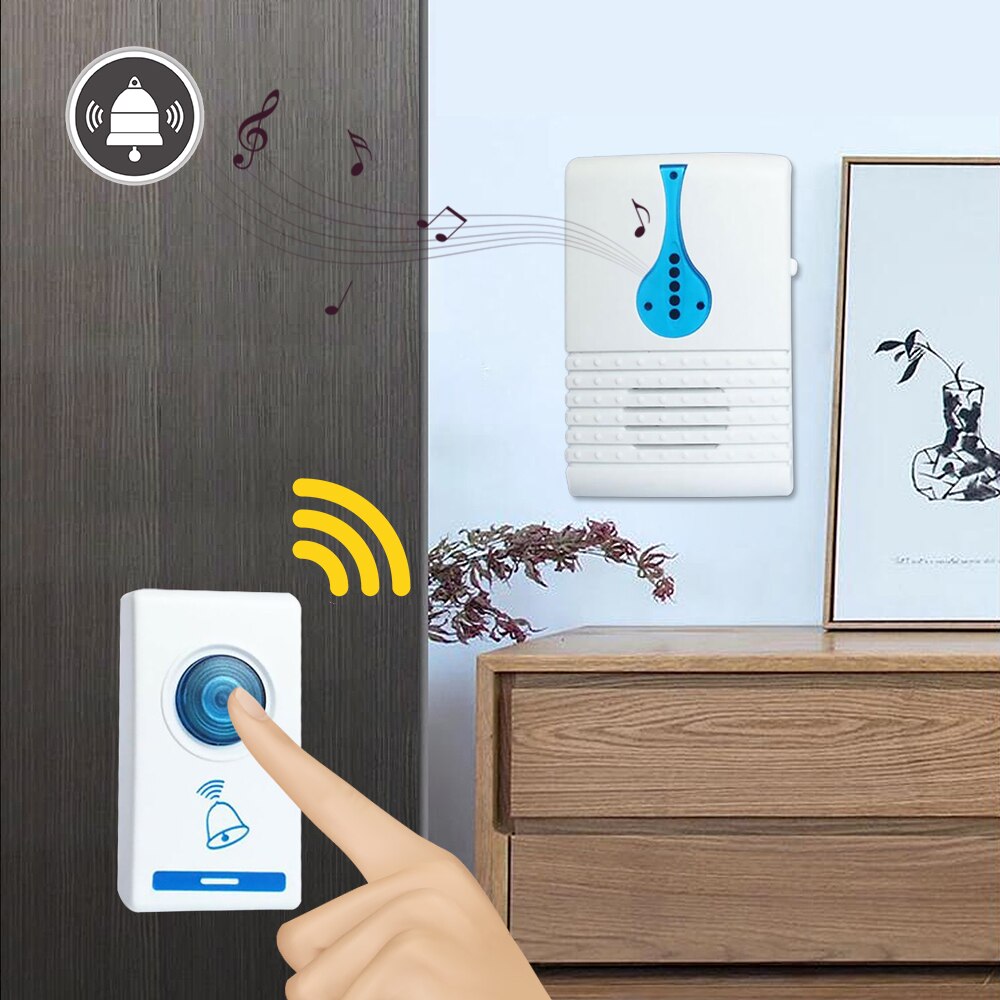Wireless Doorbell Digital Cordless Door Bell 100M Sensing Range With Self-adhesive LED Flash White Doorbell With Receiver