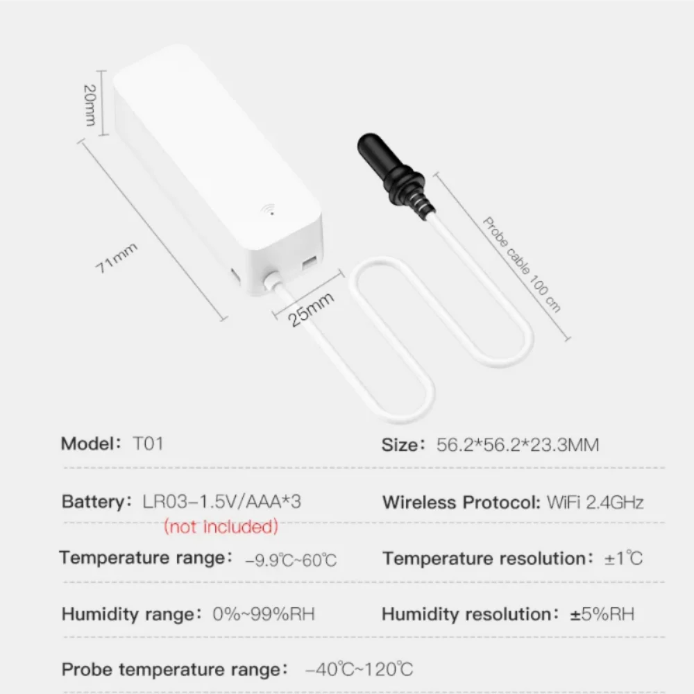 Tuya WiFi temperatuur-vochtigheidssensor met externe sonde voor Smart Home Hygrometer APP-monitoring voor planten Aquariumwijnmakerij
