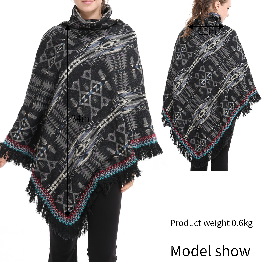 Moderigtig lang sektion høj krave jakke med frynsede sjal løs frakke print tyk sweater efterår