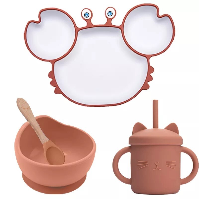 Silicone Feeding DishPlate Set for Baby Crab Shape Divider Tableware BPA Free Non-Slip Children Dishes Kitchenware Kids Stuff: Set 8