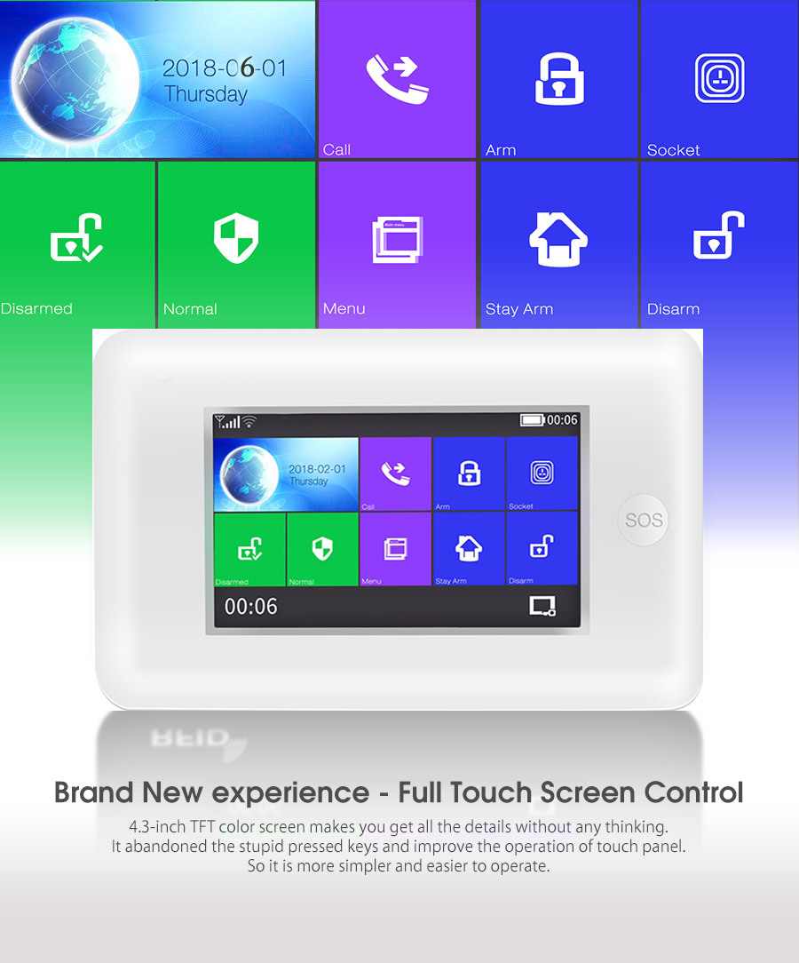 Inalámbrico WIFI GSM hogar RFID seguridad antirrobo pantalla táctil completo sistema de alarma antirrobo kit de Sensor francés, ruso, español voz