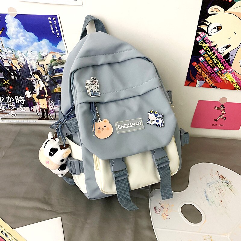 Teen Girls Small Backpack Cute contrast color female student mini schoolbag cool waterproof nylon travel backpack: Blue / With Pendant