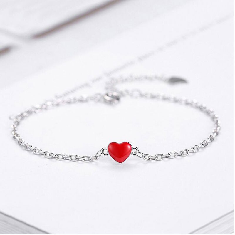 Anenjery Lucky Dubbelzijdig Rood Hart Zilver Kleur Armband Voor Vrouwen Simple Mode Sieraden S-B130