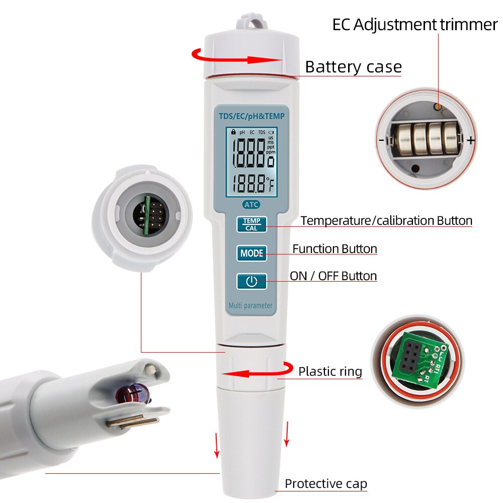 4 in 1 ph tds ec temp meter tester ph digital water monitor tools vandfilter renhed pen med baggrundsbelysning 50% slukket