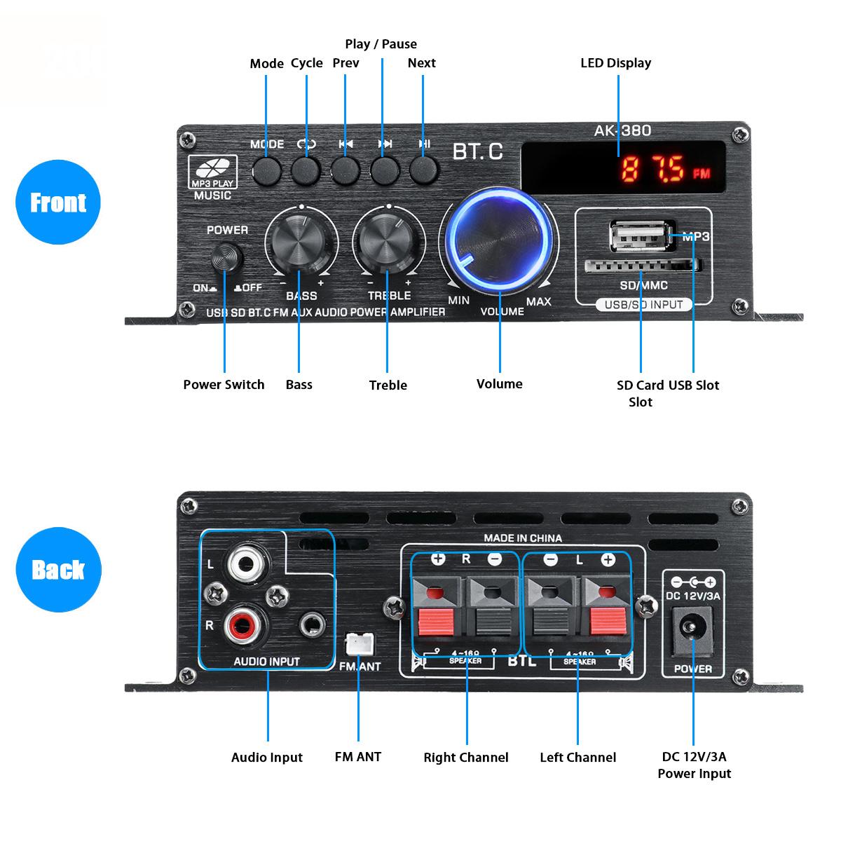 Ak380/ak370/ak170 bluetooth klasse d forstærker effektforstærker lyd karaoke hjemmebiograf forstærker 2 kanals usb/sd aux indgang