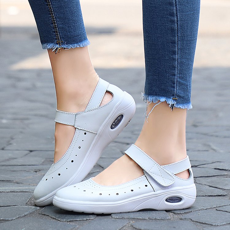Zapatos planos de plataforma plana de cuero con punta redonda de zapatos Mary Jane para mujer, bailarinas de goma antideslizantes, zapatos planos blancos de verano para enfermera de carrera.