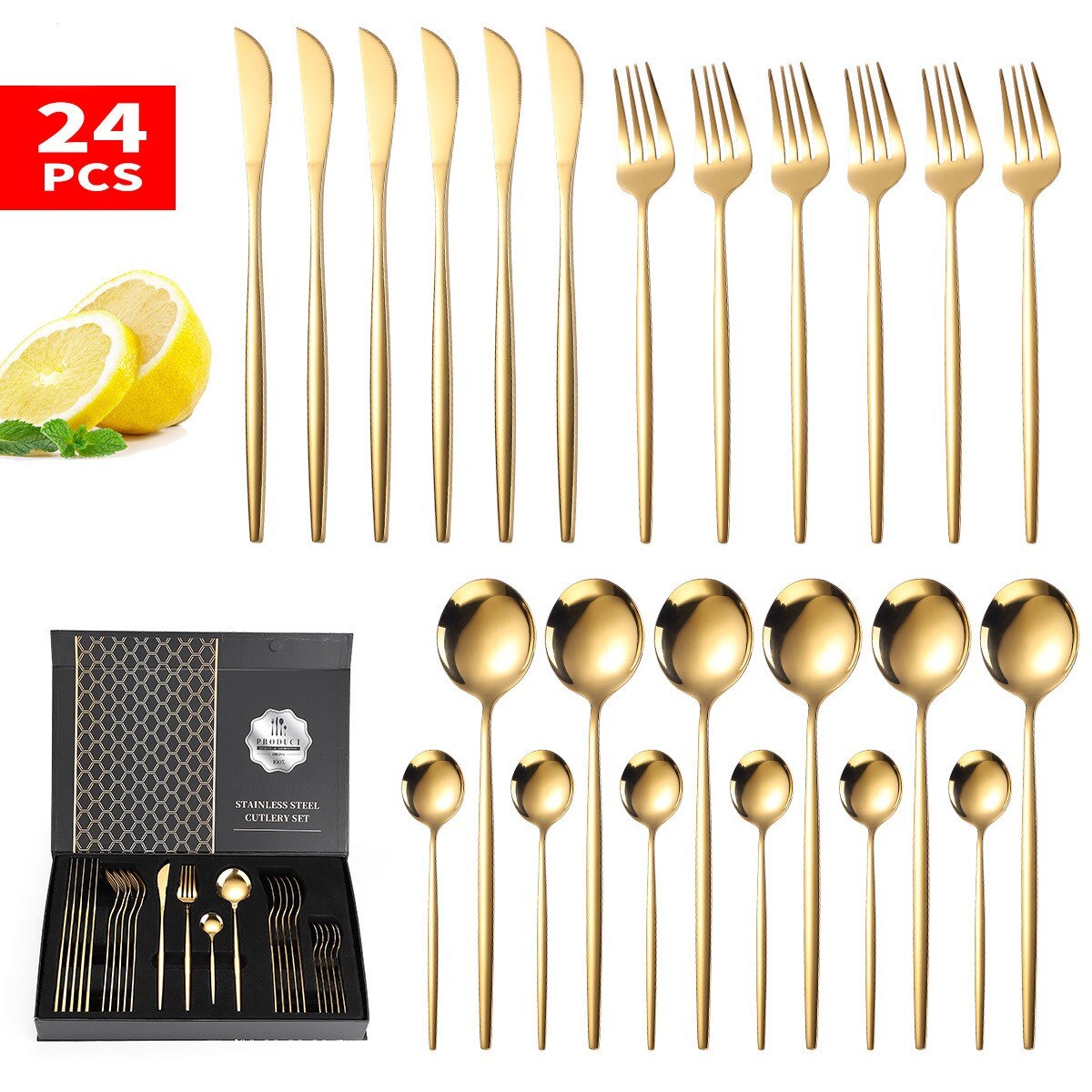 Guld servis set 24 delar gyllene bestick set rostfritt stål servis set bestick silver kniv gaffel sked box set: Guld och låda