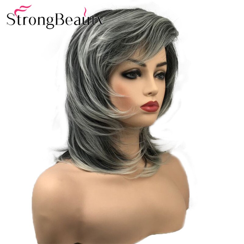 StrongBeauty Soft Fluffy Layered Shag Wig Medium Length Hair Natural Straight Black Silver White Synthetic Wigs