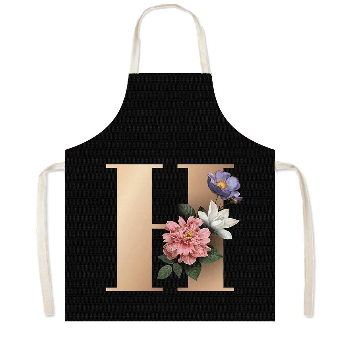 Delantal de cocina con estampado de flores y 26 iniciales, delantales de cocina con letras de A-Z para mujer, Chef de barbacoa, camarero, herramienta de limpieza para hornear en casa, delantal