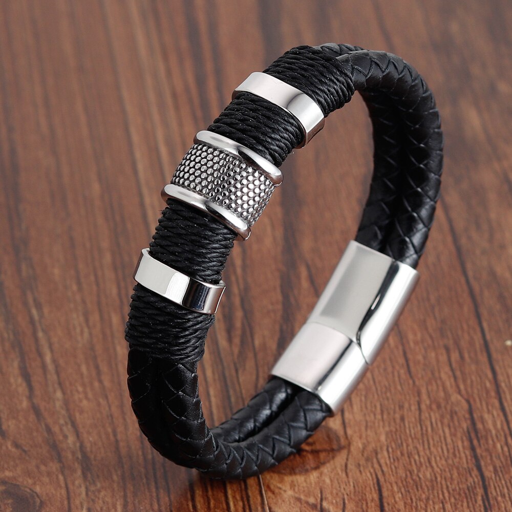 Mannen Lederen Armband Roestvrij Staal Magnetische Sluitingen Gevlochten Touw Polsband Punk Bangles Mannelijke Sieraden