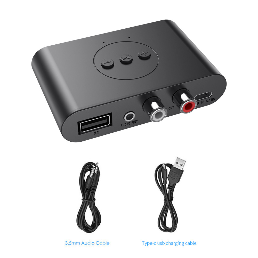 Receptor de Audio NFC Bluetooth 5,0, disco U de 3,5mm AUX RCA, adaptador inalámbrico de música estéreo USB con micrófono para Kit de coche, amplificador de altavoz: Negro