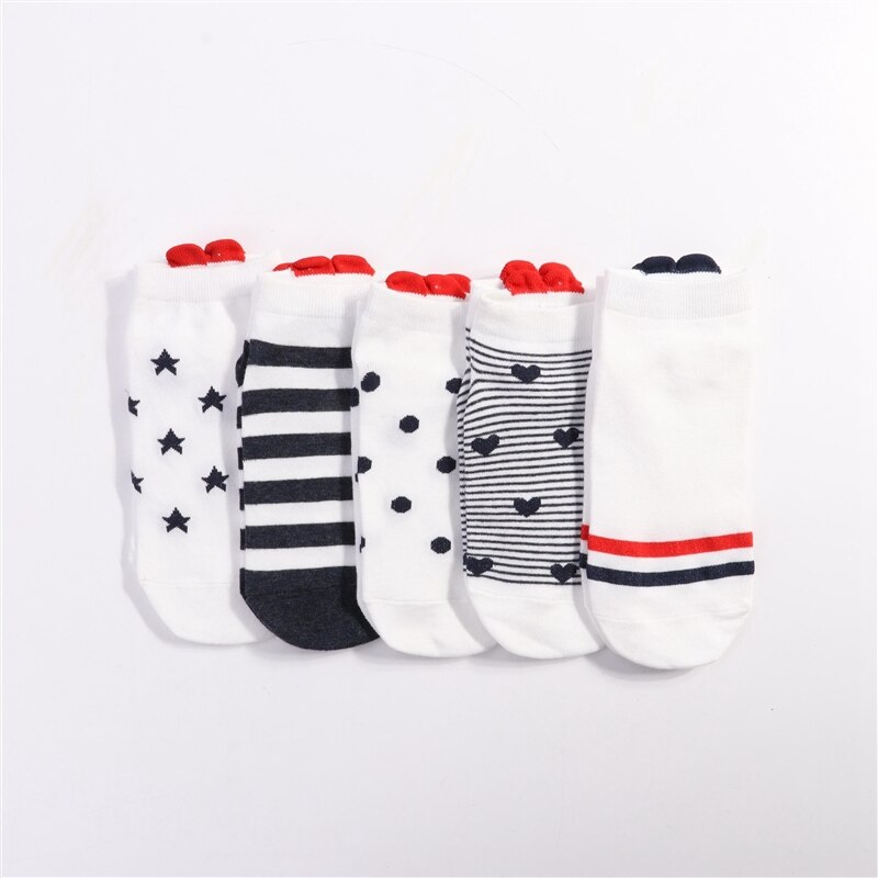 5Pairs Arrivl Women Cotton Socks Pink Cute Cat Ankle Short Casual Animal Ear Red Heart Gril Dot Stipe Print Soft Socks 35-40: heart