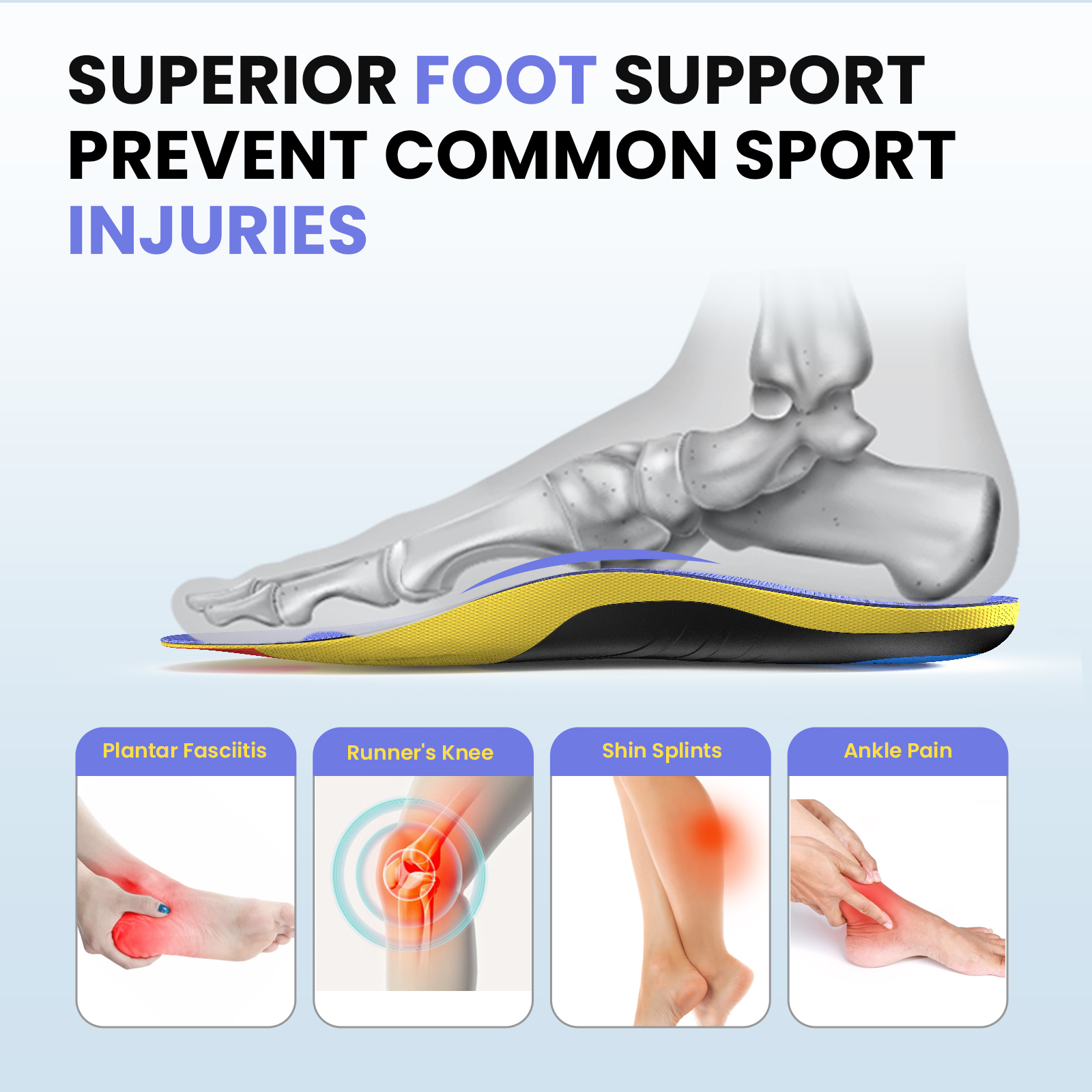 Plantillas deportivas ortopédicas de primera para pies, almohadilla de Gel PU con absorción de impacto, transpirable, soporte para arco deportivo, plantilla para el cuidado del dolor