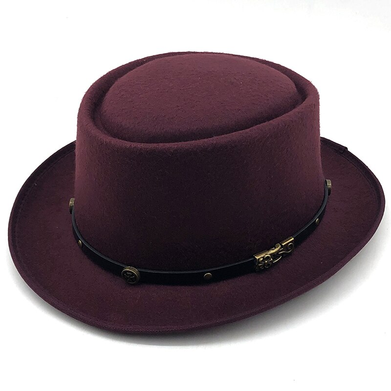 Einfache Wolle Männer Schweinefleisch Kuchen Hütte Für Vati Schwarz Fedora Hütte Für Gentleman Flache Bowler Porkpie oben Jazz Hütte: Wein rot