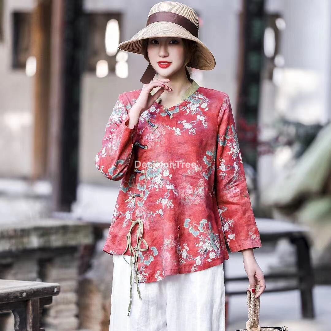2022 woman traditional chinese qipao top cotton linen half sleeve bow hanfu tops chinese casual vintage tang suit shirt: color1