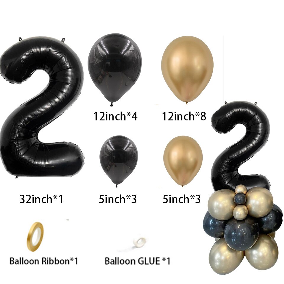 Gold Black Balloons Tower set 1-9 Black Number Foil Balloon for Men's 30 40 50 60 Happy Birthday Party Decorations DIY Crafts