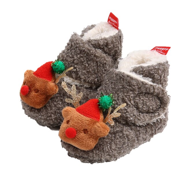 Merry Christmas Party Baby Girls Boys Booties Lovely Winter Warm Cartoon Pattern Fleece Slippers Anti-Slip Newborn Crib Shoes: Gray / 11