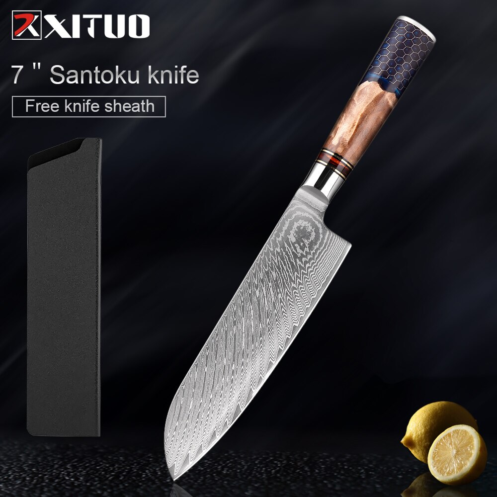 XITUO-Juego de cuchillos de cocina de acero damasco, 67 capas, afilados, duraderos, cuchillo de corte multifuncional, mango de panal de resina azul: 7 inch Santoku knife