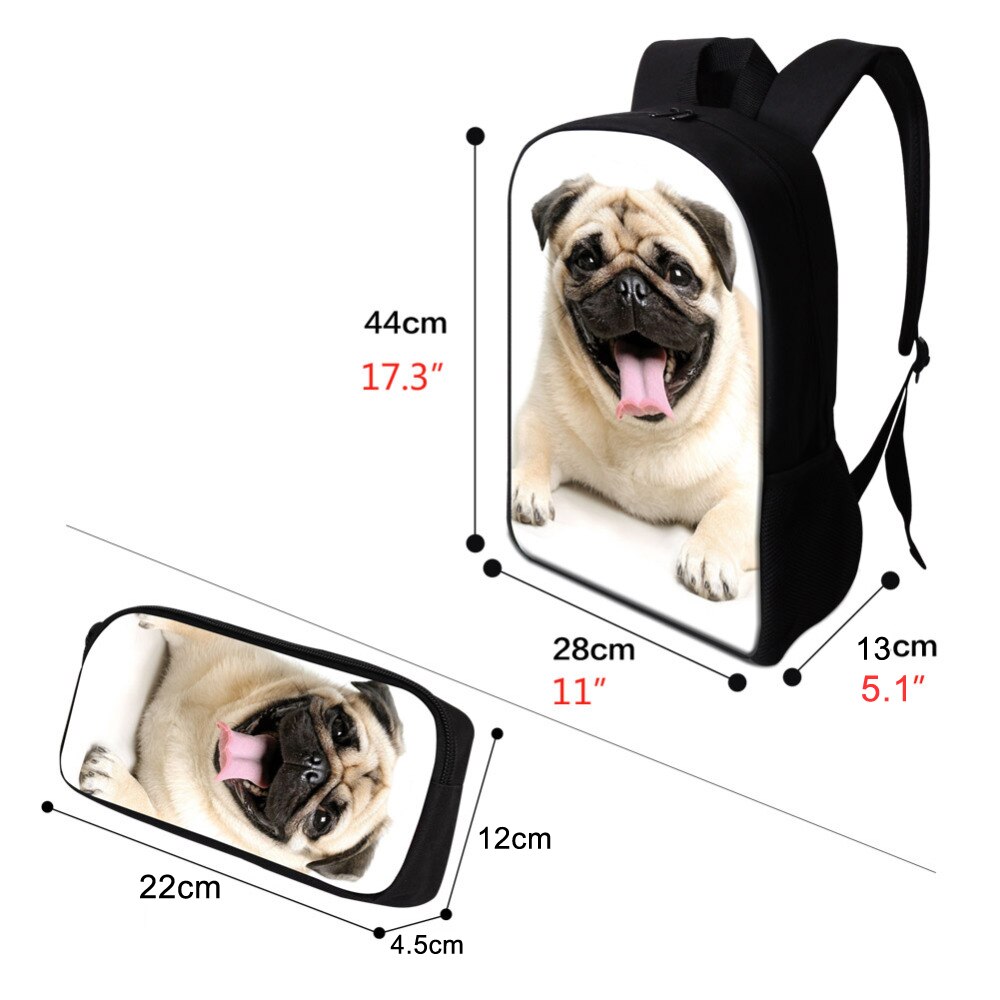 Nopersonality Teenager Girls Pug School BookBag Puppy Bagpack School Bag Print 3Pcs Kids Children Black Backpacks Women Mochilas