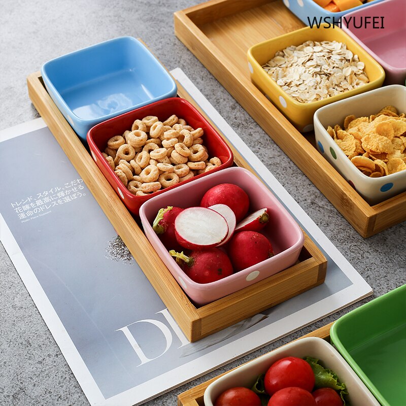 Plato de cerámica de lunares para aperitivos, bandeja de madera con rejilla para frutos secos, frutos secos, aperitivos, aperitivos, salsas, suministros de cocina