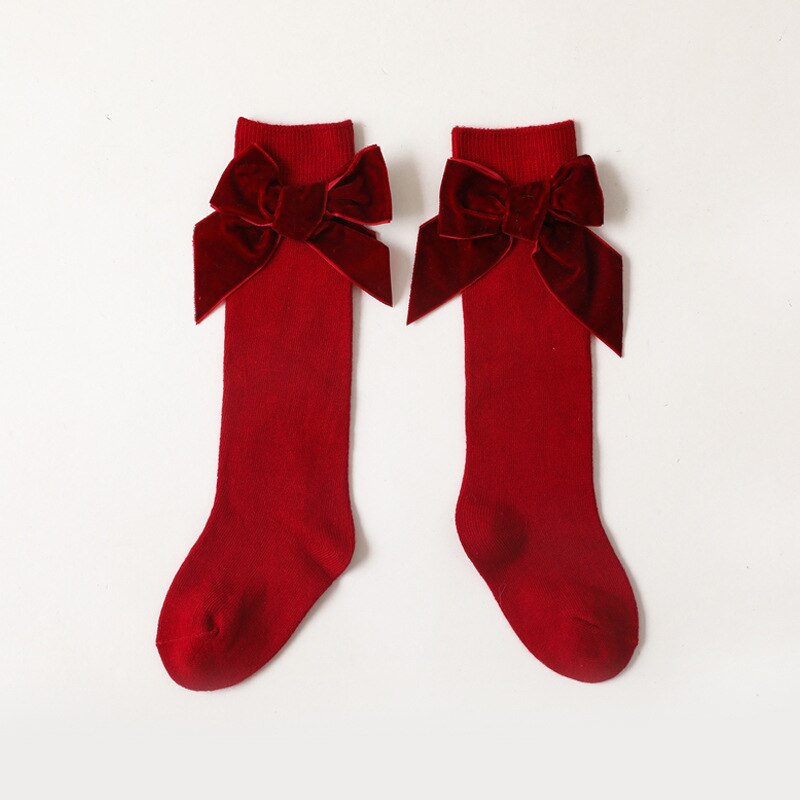 Strik Knie Hoge Baby Sok Zoete Katoen Ademend Peuter Sok Lange Sok Voor Meisjes Prinses Herfst Winter Zachte Effen Kleur: Wine Red