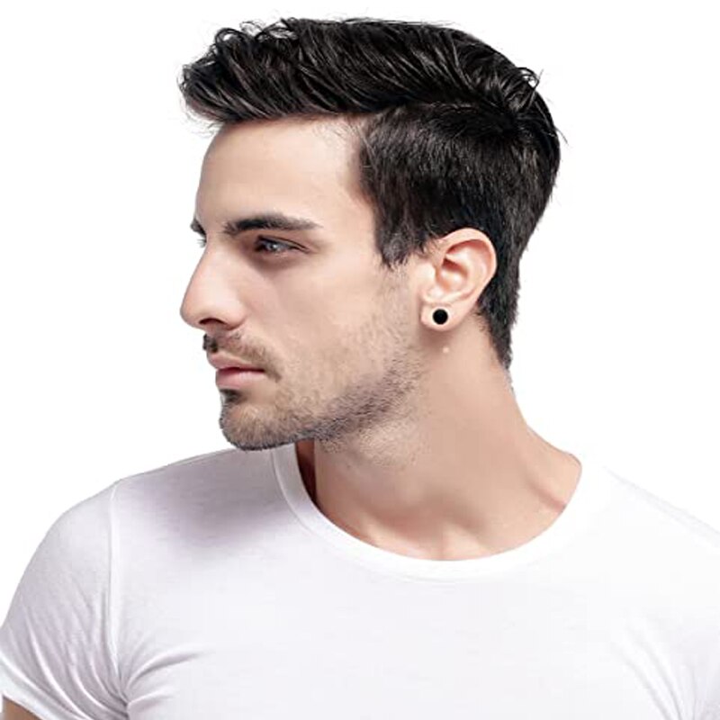 4 Pairs Mens Black Round Disc Huggie Hoop Stud Earrings Stainless Steel Faux Gauges Ear Tunnel Piercing Hypoallergenic Jewelry