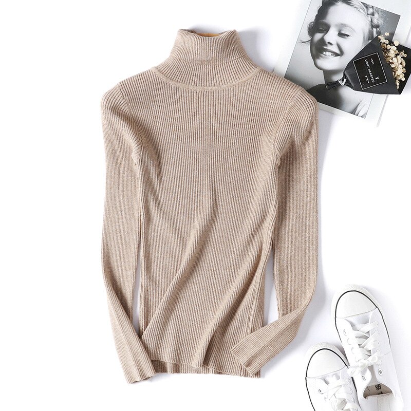 2020 outono inverno camisola de gola alta de malha jumper das mulheres novas blusas casuais solto manga longa jaqueta pullovers feminino topo: Cáqui
