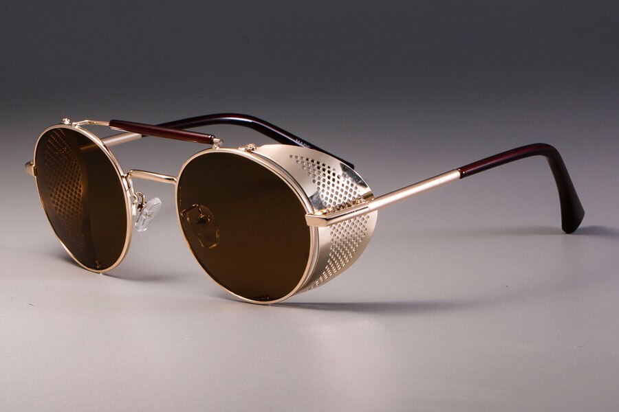 zml14 Retro Round Metal Sunglasses Steampunk Men Women Brand Glasses Oculos De Sol Shades UV Protection: gold tea