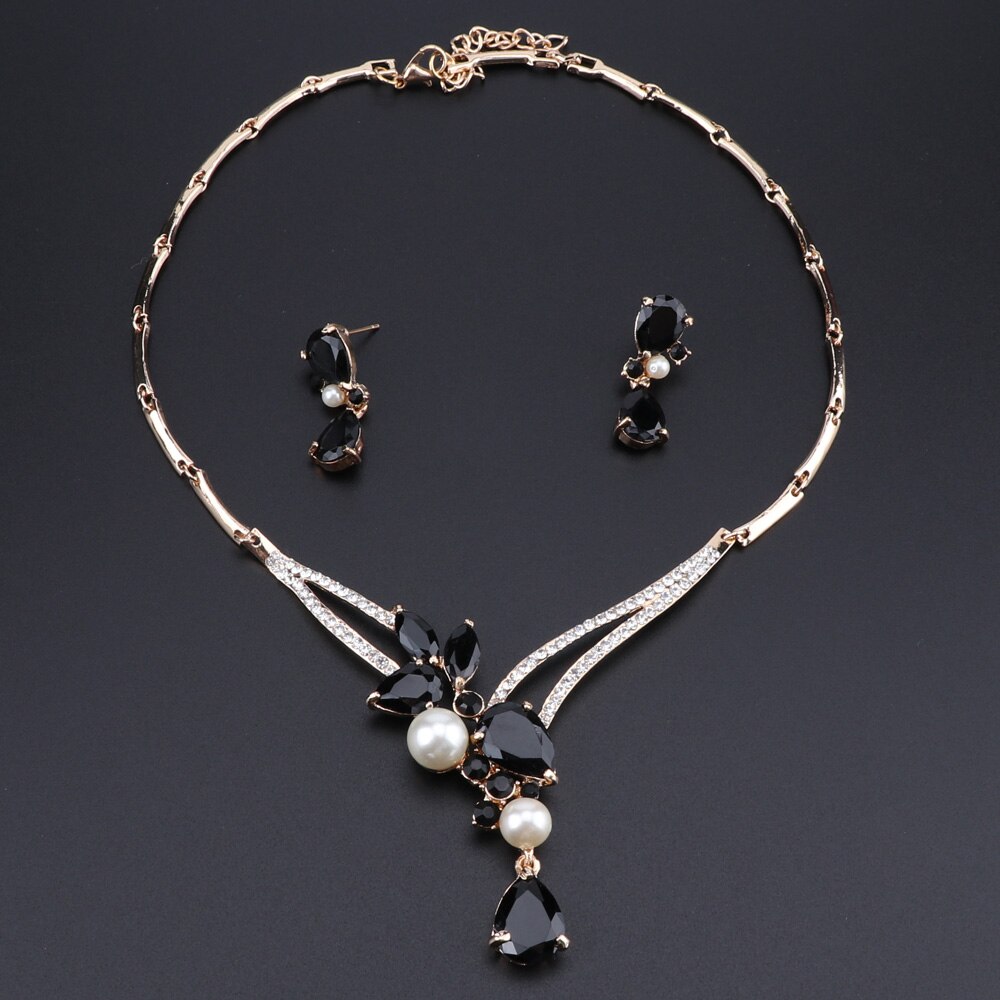 Bruidssieradenset met kristallen ketting en oorbellen, klassieke waterset voor dames, trouwsieraden: Zwart