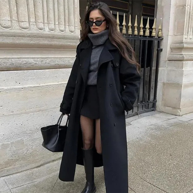 Damull långa kappor slag dubbelknäppta långärmade bruna överrockar höst vinter dam pendlingskläder ytterkläder: M / Silver-