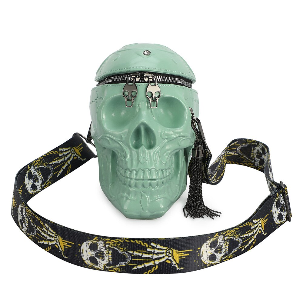 3d crânio bolsa de ombro crossbones mensageiro saco unisex das mulheres dos homens moda rua couro zíper bolsas punk design saco do navio da gota: Green