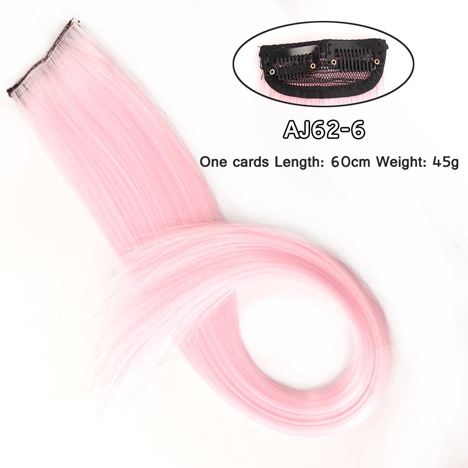 LM Long Straight Rainbow HairPiece Hair Extensions Clip In Hair Streak Pink Synthetic Hair Piece Strands on Clips: AJ62-6