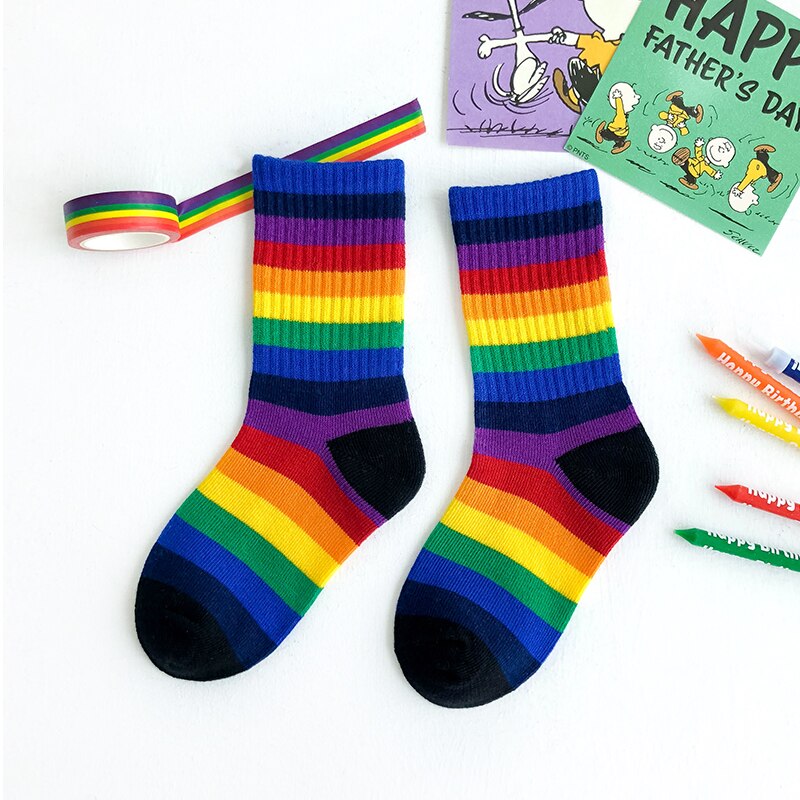 Kids Knee High Rainbow Socks Spring Summer Toddler Child Girls Boys Cotton White School Socks Stripe Long Sock Baby Accessories: 6 / S(1-3 years old)
