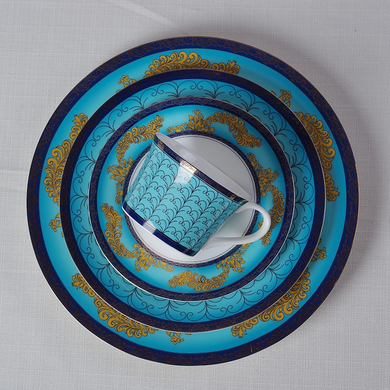 Luxury Bone China Dishes and Plates Sets Blue Ceramic Dinner Plates Restaurant Supplies Serving Dish