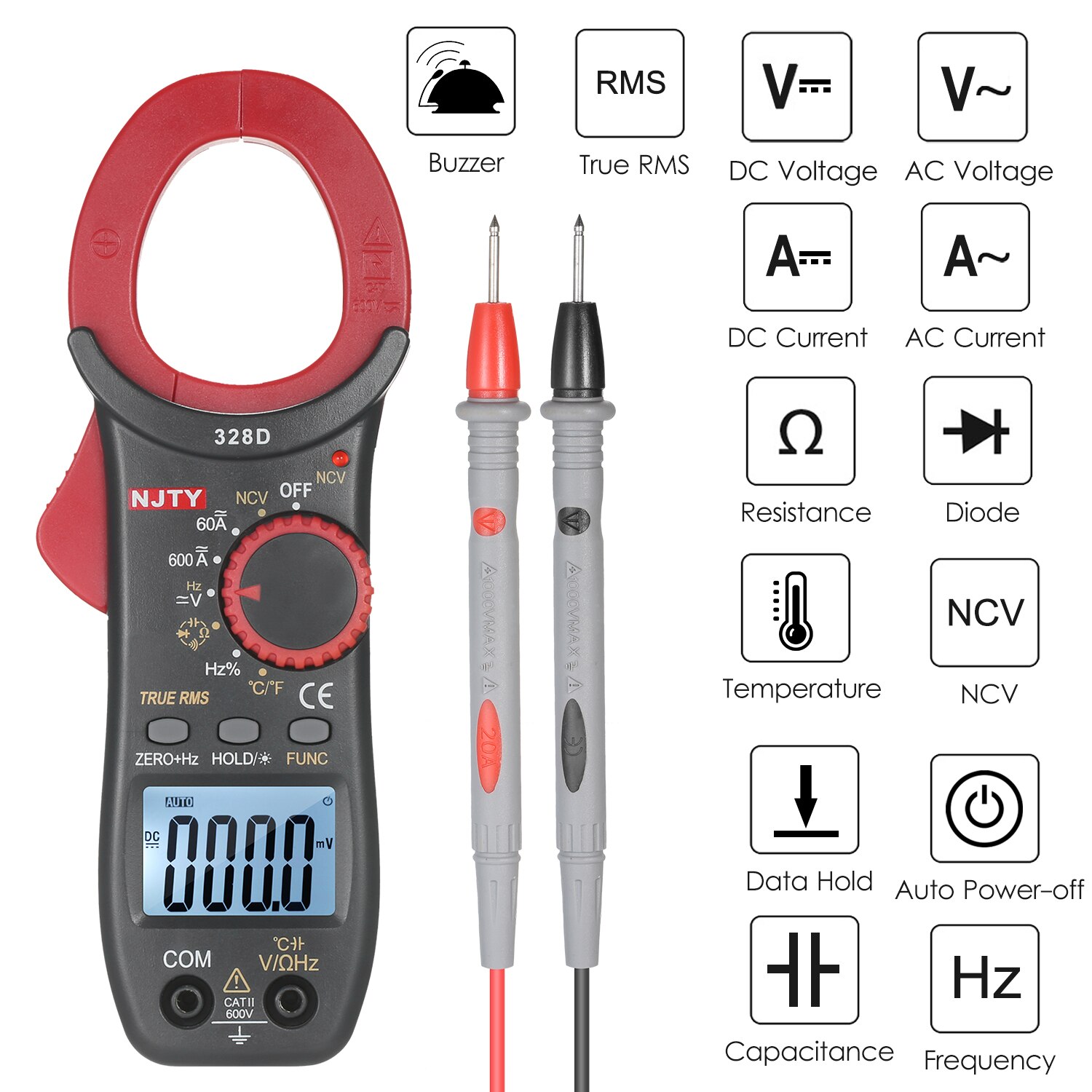 NJTY Clamp Meter 600A AC Clamp Multimeter Auto Range 6000 Zählt 1,6-zoll LCD Digital AC True RMS NCV clamp Universal Meter