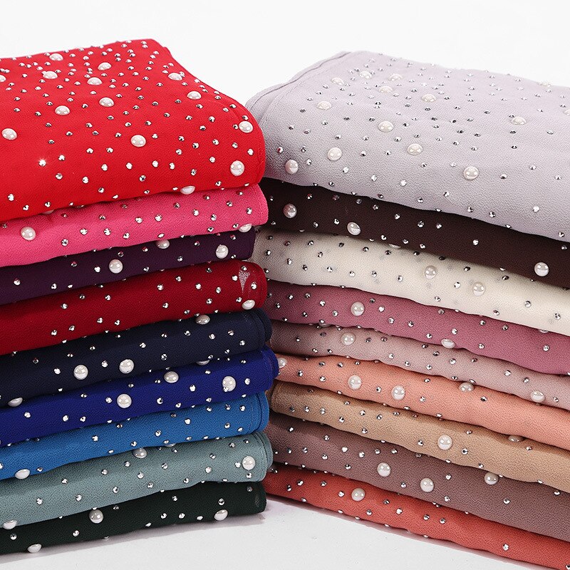 Maleisië vrouwen Bellen Chiffon Sjaal Met diamant studs Parels sjaal vlakte hijab sjaals Wraps effen kleur moslim hijab sjaal