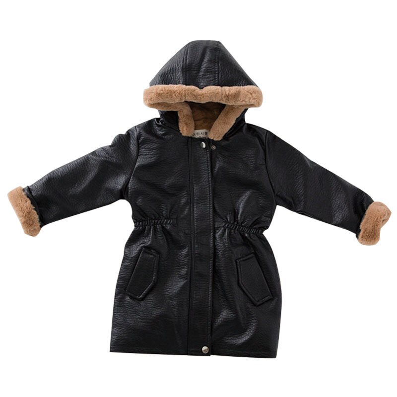 Faux Lederen Jas Meisjes Hooded Parka Fleece Jas Lange Lederen Elastische Taille Lederen Fleece Stof Waterdichte Bovenkleding Jas