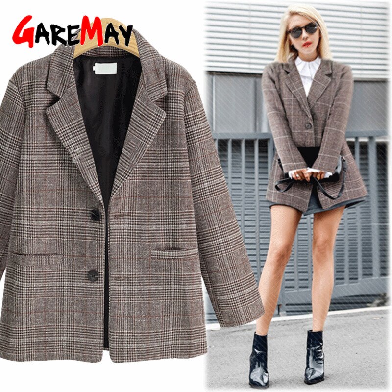Vår vintage rutig kavaj för kvinnor tweed dam kontor dam kostymer kappa långärmad casual kavaj kavajer kvinnlig feminino
