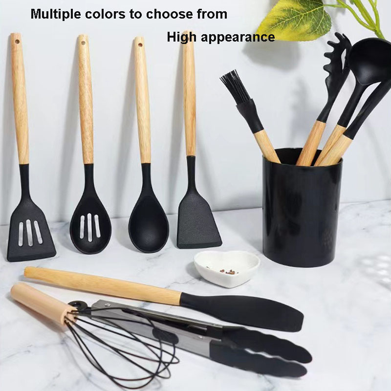12Pcs Silicone Kitchen Utensils Cooking Wooden Handle Non Stick Pot Kitchenware Set Storage Bucket Silicone Kitchen Utensils