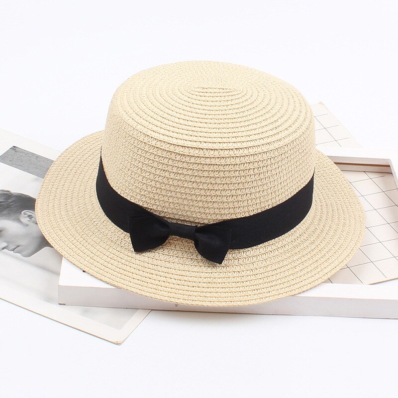 Ladies Summer Solid Top Hat Sun Visor Sun Straw Beach Hat Female Casual Panama Hat Lady Brand Women Flat brim Bowknot Straw cap: Beige