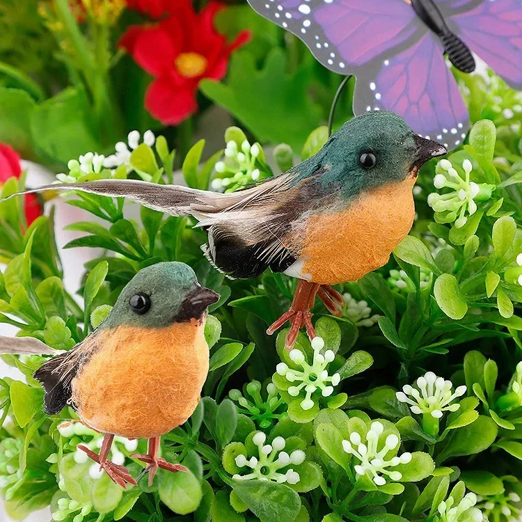 Decoración de pájaros Robin, figuritas artificiales, adorno artesanal de plumas, simulación de adornos de jardín al aire libre, decoración