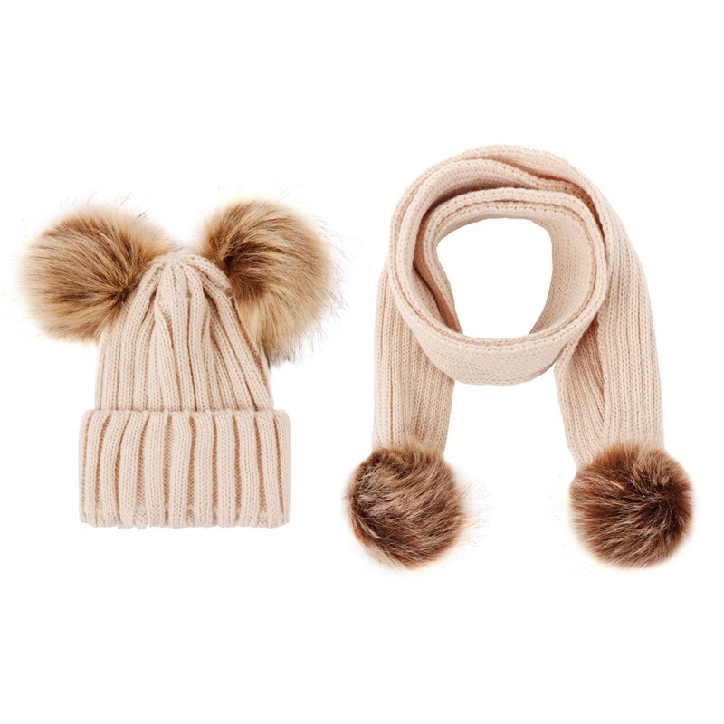 Leuke gebreide kinderen hoed met een sjaal dubbele bal faux fur hoeden sjaals set winter accessoires voor baby sjaal muts kids: 10