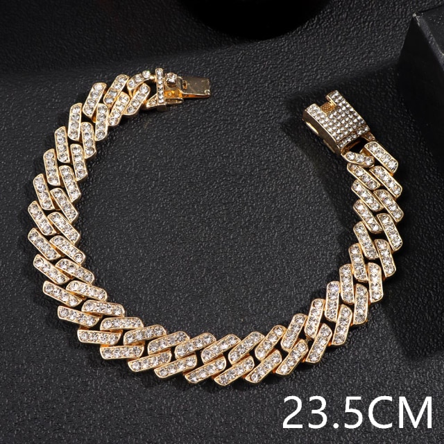 15mm Bling Strass Hip Hop Cuban Link Kette Armbänder für Frauen Männer Iced Out Volle Kristall Rapper Hand Kette luxus Schmuck: 0401GD