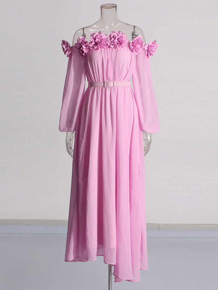 Twotwinstyle ensfargede kjoler med lappeteppe og applikasjoner til kvinner, sløyfehals, lange ermer, høy midje, skjøtet belte, elegant kjole til kvinner: Xl / Rosa