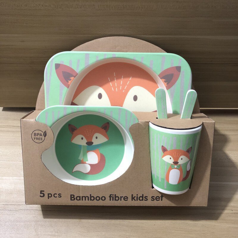 Bamboo Fiber Children&#39;s Tableware Set Baby Cartoon Rice Bowl Fork Spoon Children&#39;s Meal Partitioned Baby Dinner Plate
